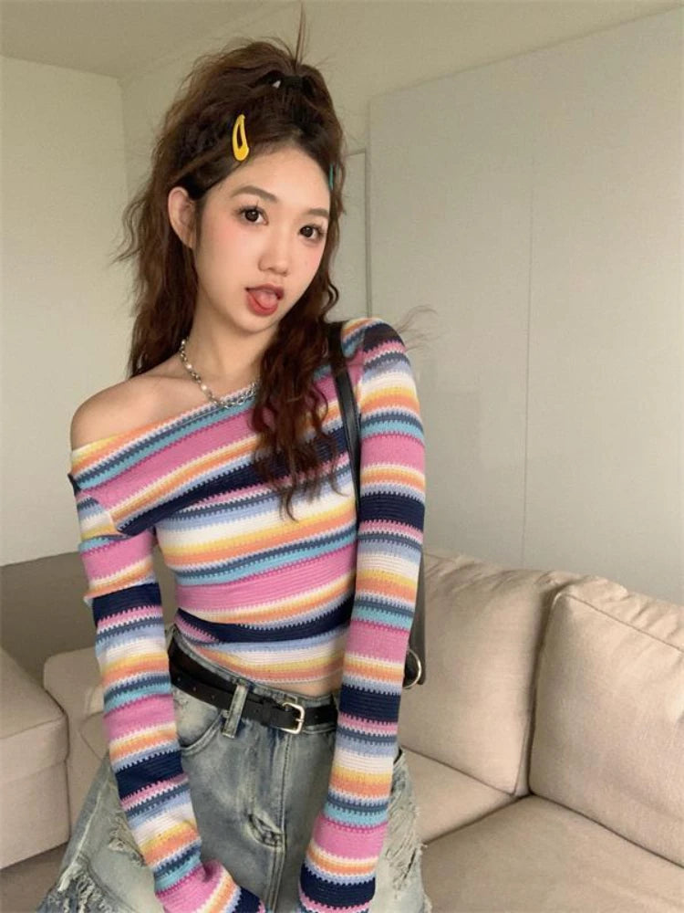 Long Sleeve Striped Sweater Off Shoulder Jumpers for Kawaii Pullover Y2k Korean Style Sweet Top