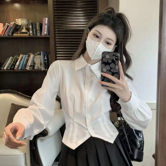 White Long Sleeve Crop Shirt Slim Tunic Button Up Basic Blouse School Top Female Swallow Tail Formal