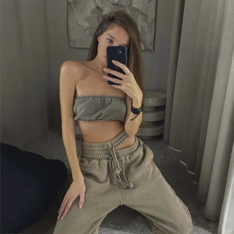 Sweatpants Gray Loose Wide Leg Trousers Hollow Out Female Clothing
