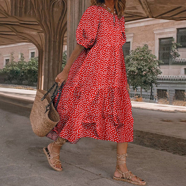 Summer New ’s Print Dress Puff Short Sleeves Ruffles Loose A-line Midi Dresses Beach Vacation Vestidos