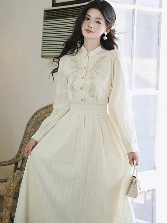 Fairy Embroidery Midi Dress Female French Party Midi Dress Stand Collar Puff Sleeve Evening Robe Vestidos