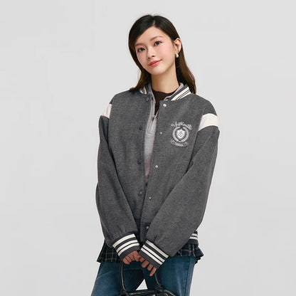 Coat Embroidery Patchwork Contrast Color Loose Jacket New Winter Imitation Woolen Baseball Jacket