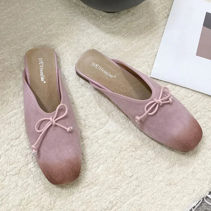Mixed Color Bow Satin Square Toe Flat Slippers Comfortable Shallow Mule Shoes Zapatillas De Mujer