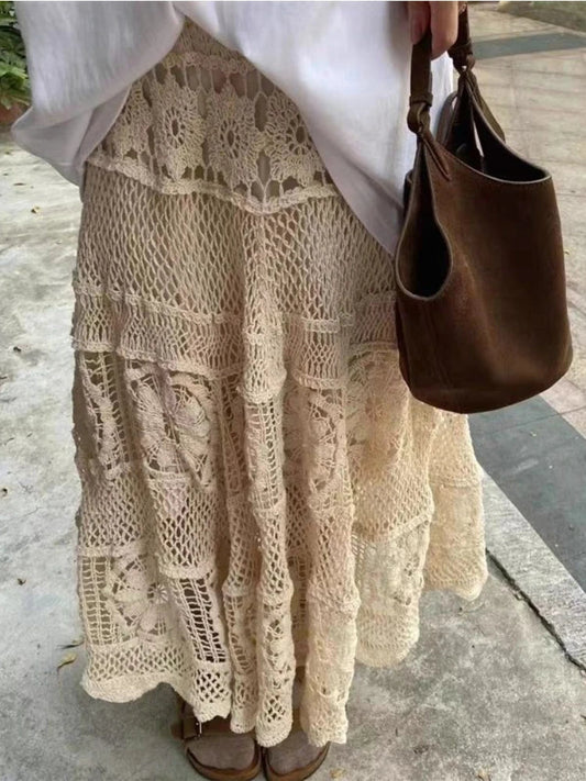 Korean Skirts Gentle Heavy Industry French Hollow Out Hook Flower Design Knit Skirt Aline Skirt