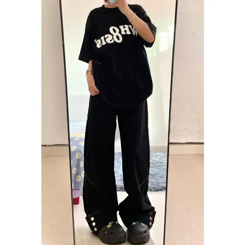 Flap Buttons Loose All Match Jeans Spring New High Waist Denim Wide Leg Pants