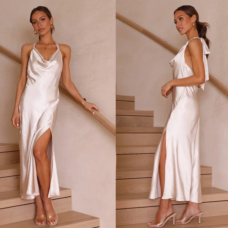 Slim Fit Backless Evening Dress Summer Satin Split Sleeveless Long Dresses Party Halter Dress 28312