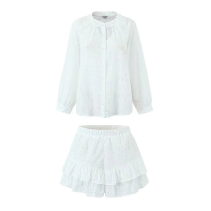 Long Sleeved Shirt Shorts Sets Summer Stand Collar Single Breasted White Blouse Suits Vacation 2 Pieces Set Outfit