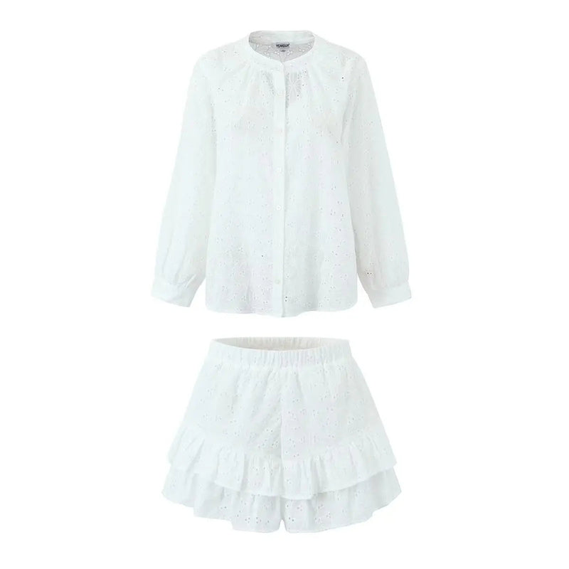 Long Sleeved Shirt Shorts Sets Summer Stand Collar Single Breasted White Blouse Suits Vacation 2 Pieces Set Outfit
