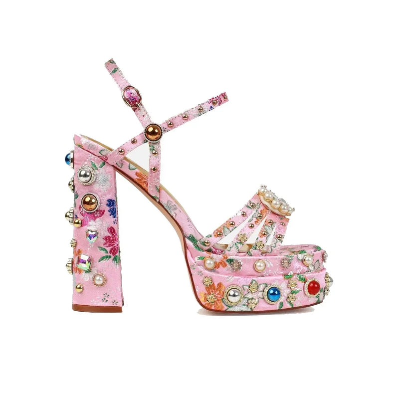 European and American Thick High Heels, Thick Soles, Pure Handmade Diamond Inlaid Sandals, Nightclub Runway Shoes
