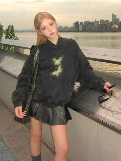 Butterflies Print Black Hoodie Harajuku Oversized Pullover Sweatshirts Maillard Reaction Cotton Clothes