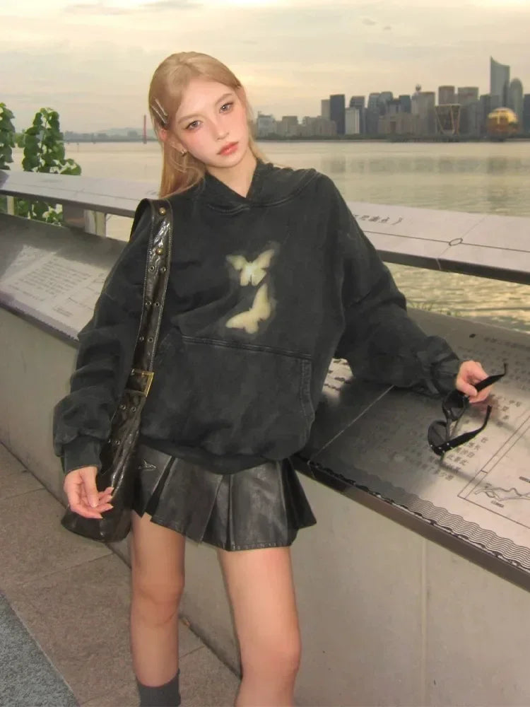Butterflies Print Black Hoodie Harajuku Oversized Pullover Sweatshirts Maillard Reaction Cotton Clothes