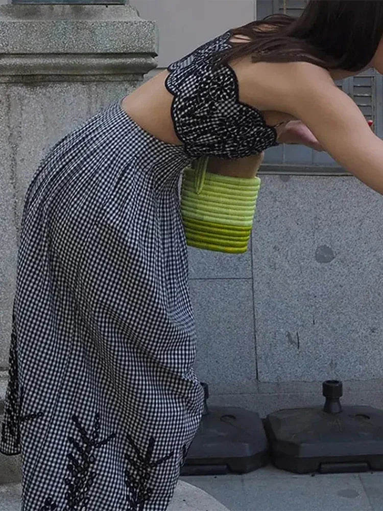 Embroidery Hollow Slip Dress Plaid Sleeveless Maxi Dresses Spring Summer Lady New High Street Robe