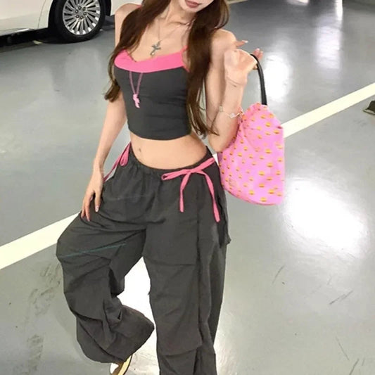 Summer New American Laceup Pleated Loose Wide Leg Pants + Backless Patchwork Camisole Twopiece Suit