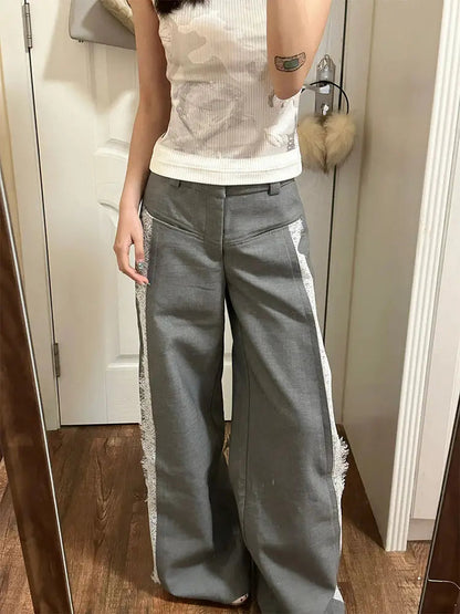 Lace Suit Pants for Y2k Baggy Spliced High Waist Wide Leg Trousers Oversize Office Harajuku Causal Pantalon