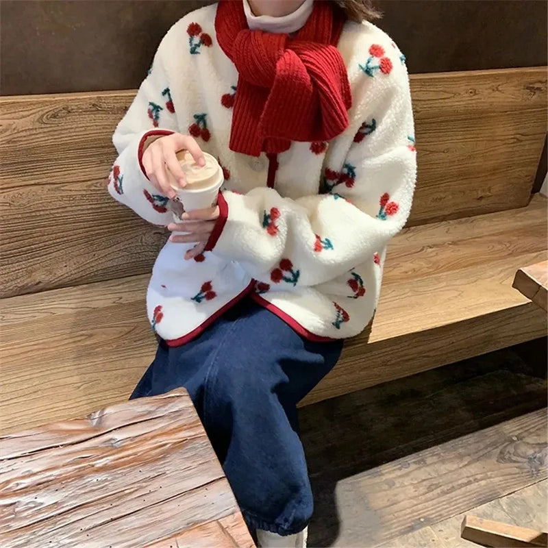 Sweet Jacket Lambswool Cherry Print Oversized Outwear Y2k Clothes Thicked Coat Kawaii Ropa Mujer