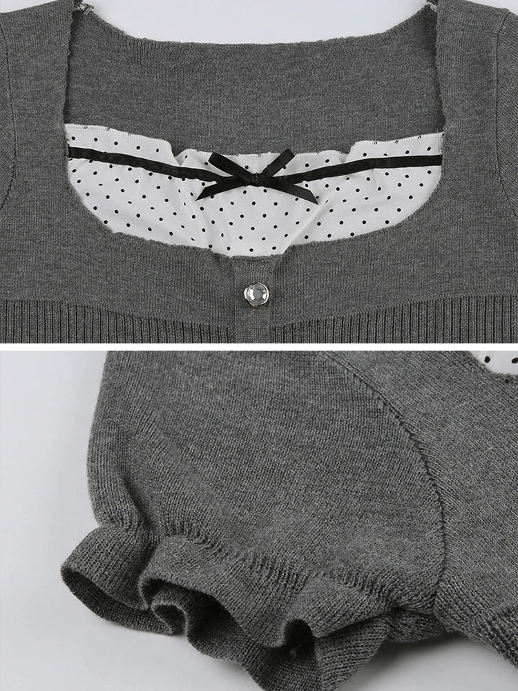 T-shirt Patchwork Lace Sweet Square Collar Knitted Tops Ruffles Hem Y2k Gray Tee Shirt Clothes