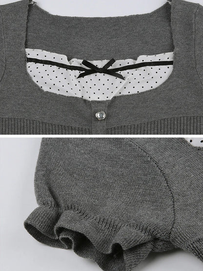 T-shirt Patchwork Lace Sweet Square Collar Knitted Tops Ruffles Hem Y2k Gray Tee Shirt Clothes