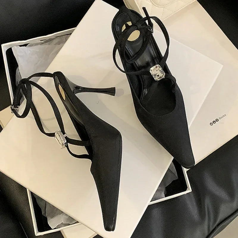 Diamond Silk Thin High Heels Crossstrap Banquet Dress Shoes Female Crystal Brand Pointed Toe Sandals