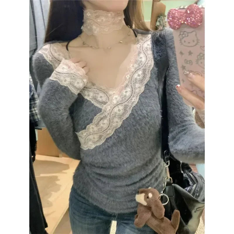 Vneck Lace Splicing Longsleeved Sweater Spring New Korean Contrast Color Slim Cashmere Knitted Tops