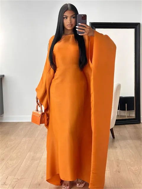 Autumn Loose Shiny Maxi Dress ’s Butterfly Batwing Long Sleeve Muslim Clothes Party Dress Female Long Dress New