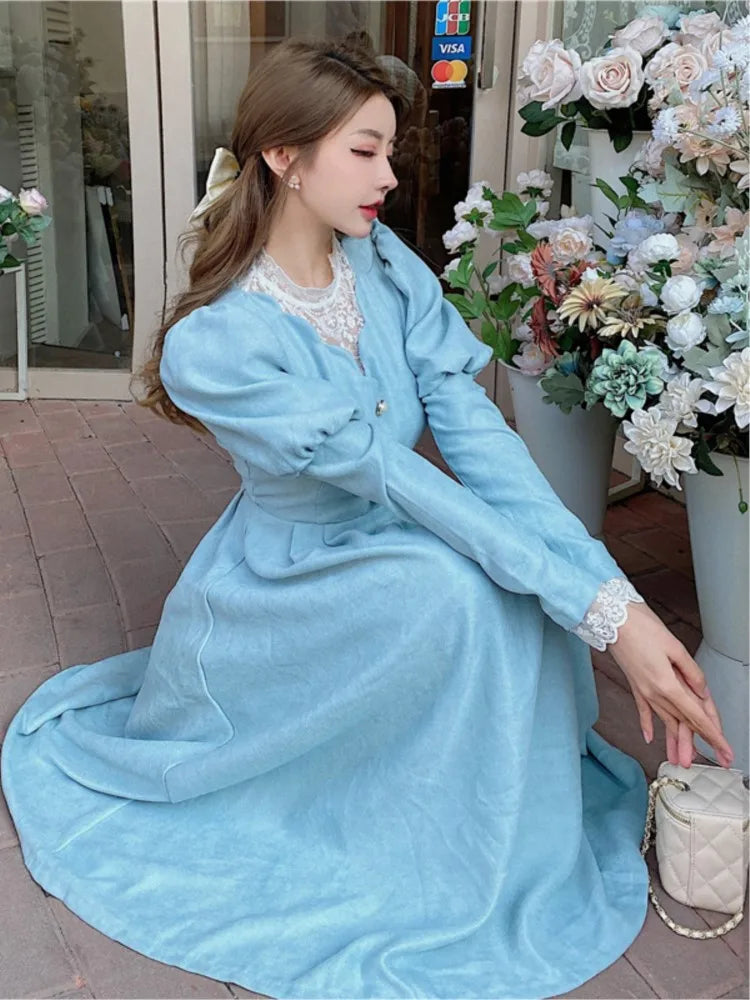 French Autumn Midi Dresses for Puff Sleeve Half High Collar Patchwork Lace Aline Retro Princess Dress Vestidos
