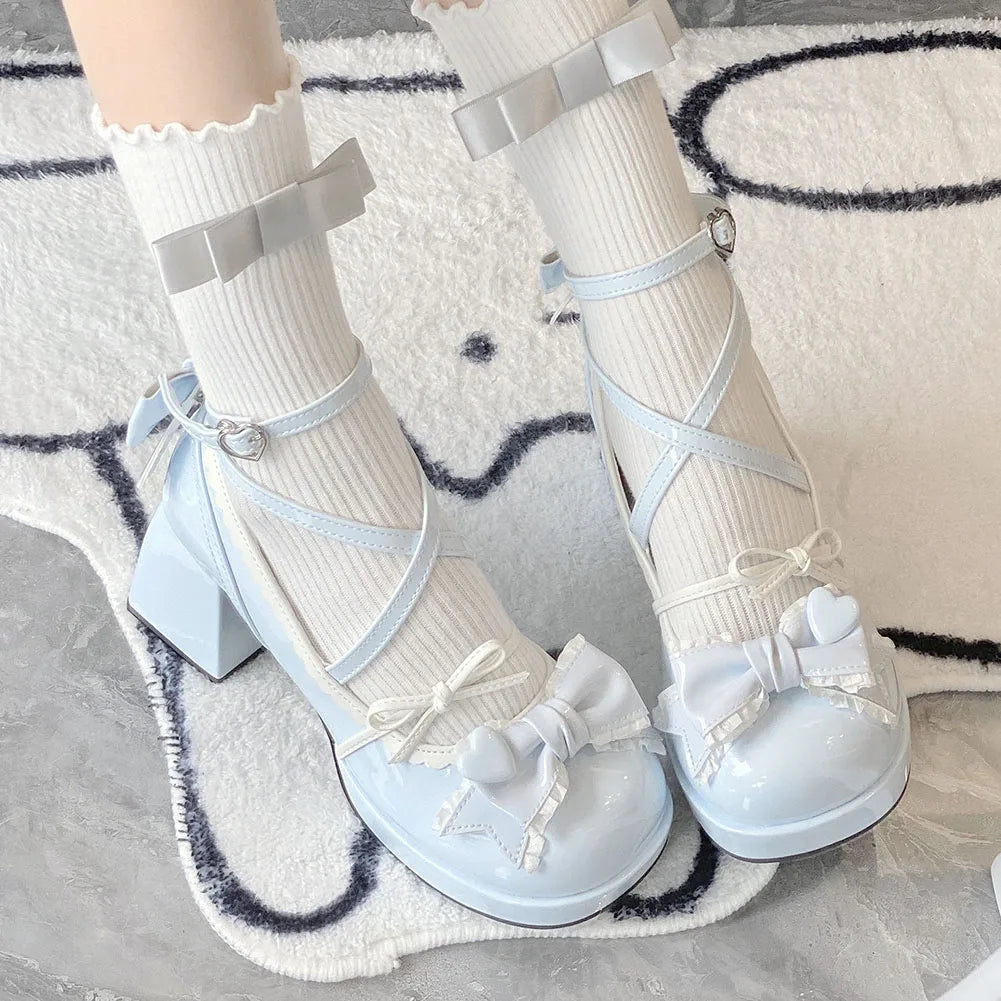 Lolita Bow Bow Decor Pumps Platform Chunky High Heels Ankle Strap Sweet Pumps for Girl Shoes