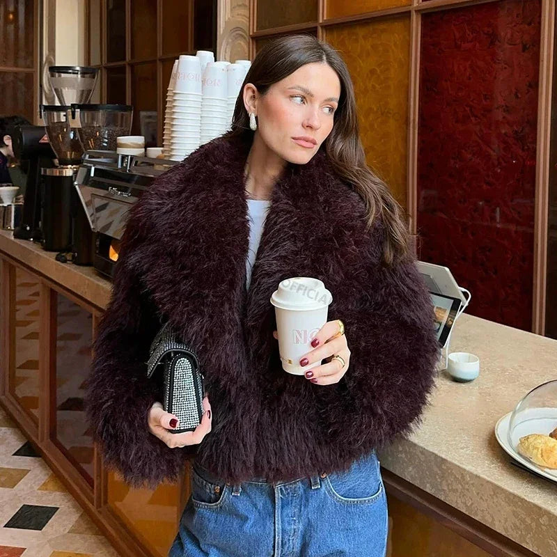 Winter Hot Iconic Blogger Burgundy Faux Fur Coat Overcoat Shawl Collar Lamb Fur Jacket