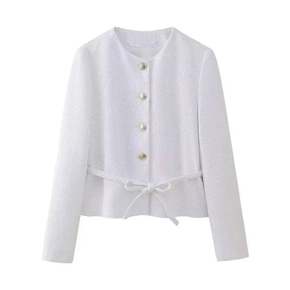 Spring Blazers White Oneck Long Sleeves Laceup Decoration Single Breasted Jacket Female Coat