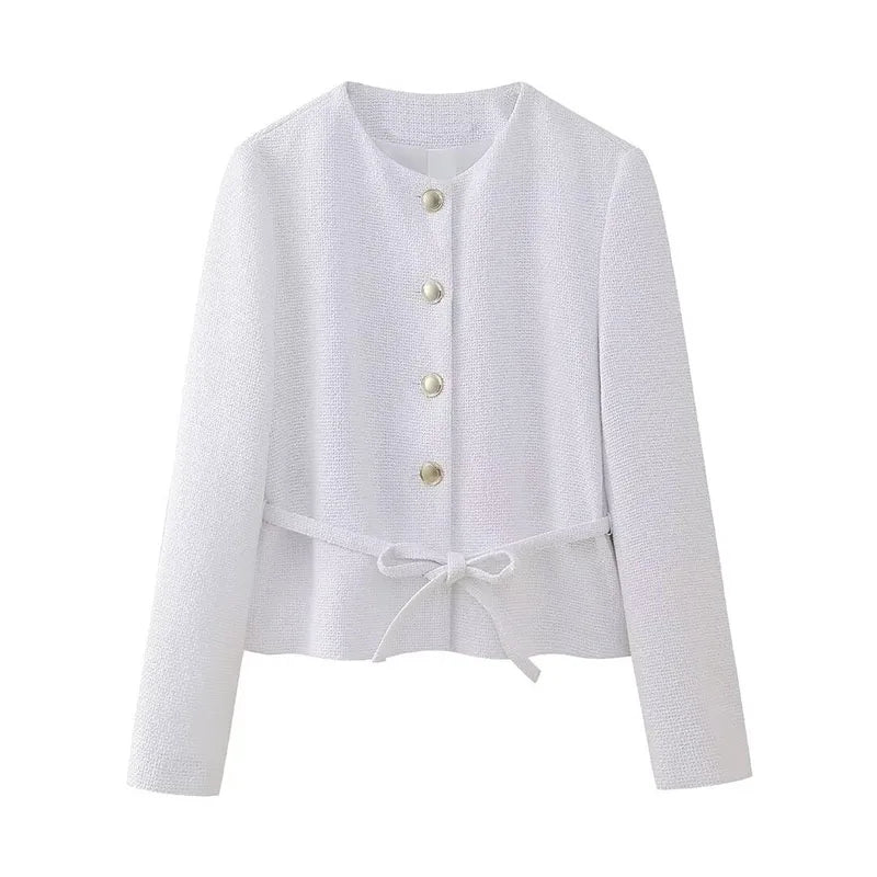 Spring Blazers White Oneck Long Sleeves Laceup Decoration Single Breasted Jacket Female Coat