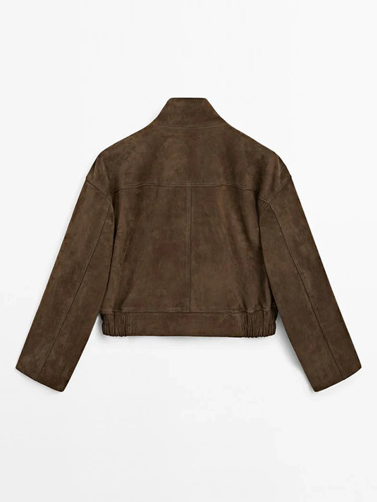 Zipper Suede Cargo Jacket Coat Button Lapel Maillard Slimming Workwear Leather Jackets Short Outwear Commute Overcoat