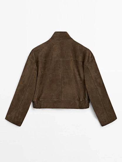 Zipper Suede Cargo Jacket Coat Button Lapel Maillard Slimming Workwear Leather Jackets Short Outwear Commute Overcoat