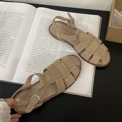 Roman Sandals Summer New Flat Retro Real Leather Sandals Hollowed Cage Shoes