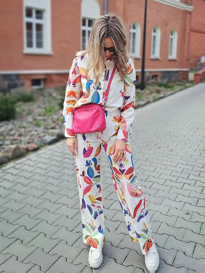 Spring Suit Printed Lapel Long Sleeves Single Breasted Shirts Female Elastic Waist Wide Leg Pants