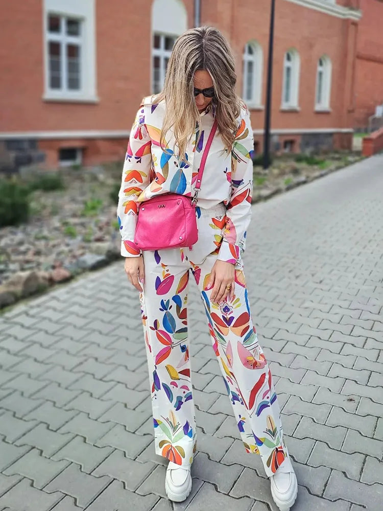 Spring Suit Printed Lapel Long Sleeves Single Breasted Shirts Female Elastic Waist Wide Leg Pants