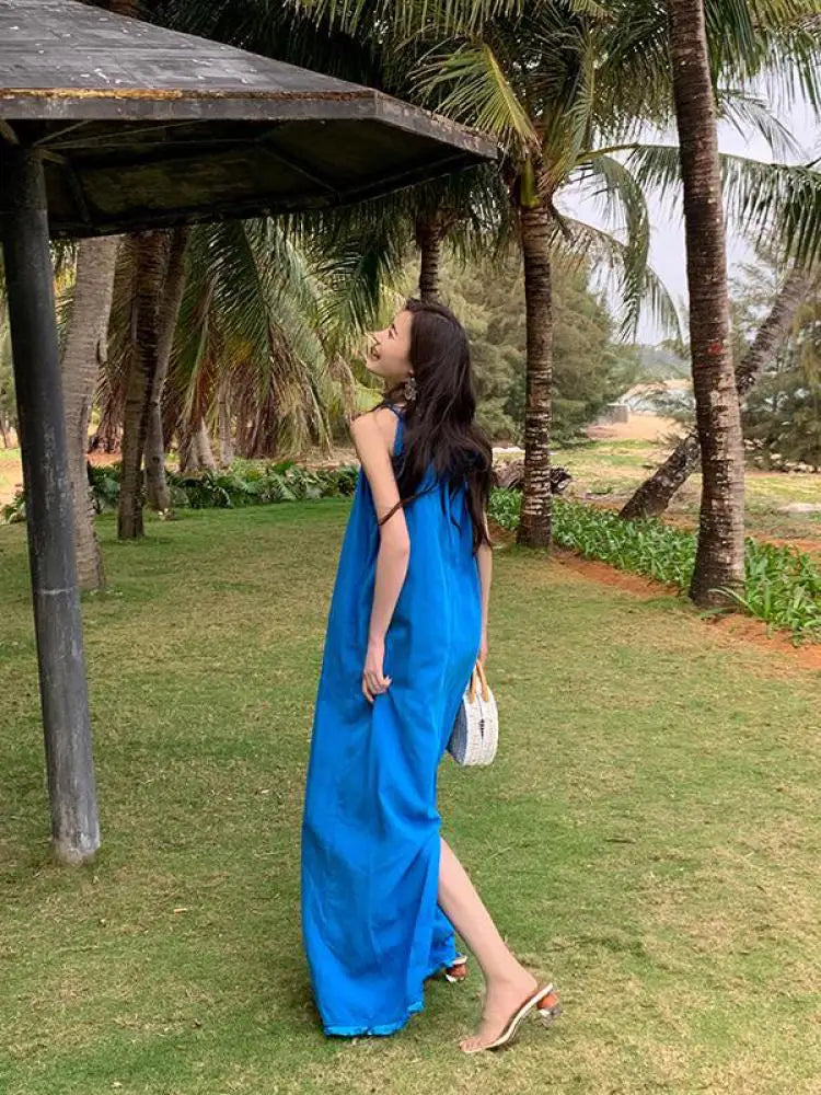 Summer Blue Round Neck Loose Pleated Bandage Long Dress New Club Sleeveless Vacation Dress Simplicity
