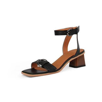 New Summer Shoes Square Toe Chunky Heel Sandals Cow Leather High Heels Band Shoes Black Shoes for