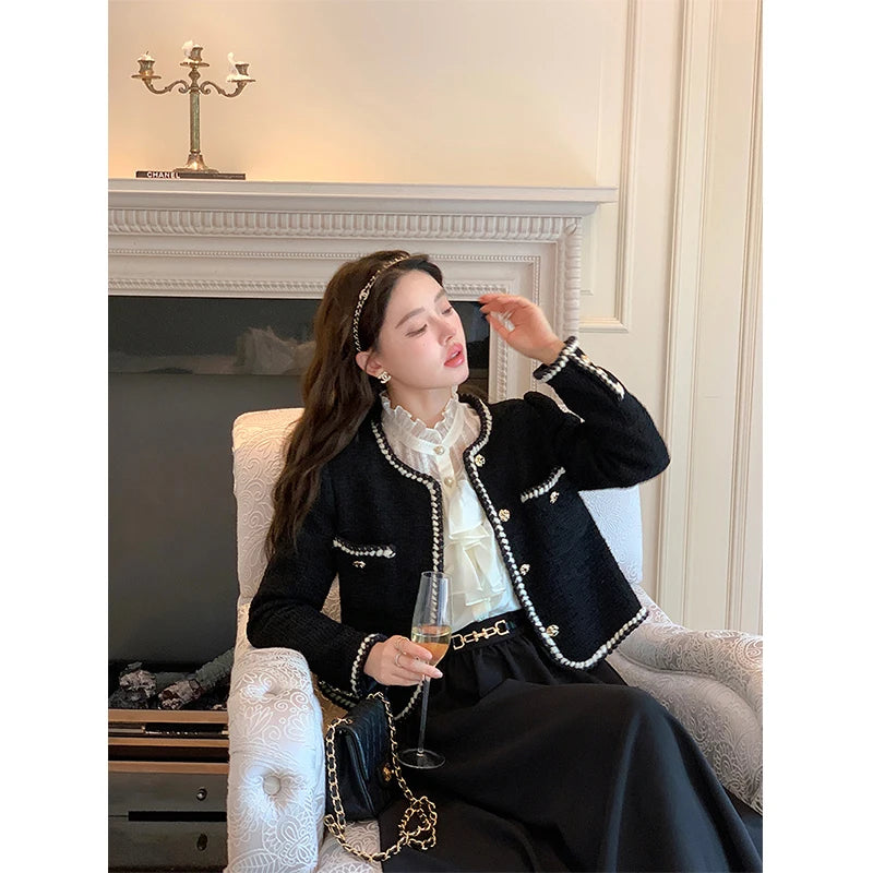 Cropped Tweed Jackets Black Thicken Coat Korean Single Breasted Blazer Warm Short Outerwear Tops