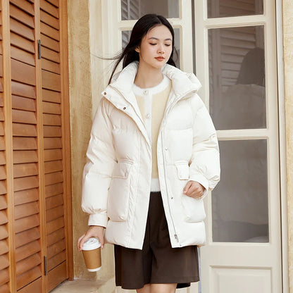 Down Jacket Mid-length Loose Raglan Sleeve Simple Warm Winter Three-defense Hooded Coat