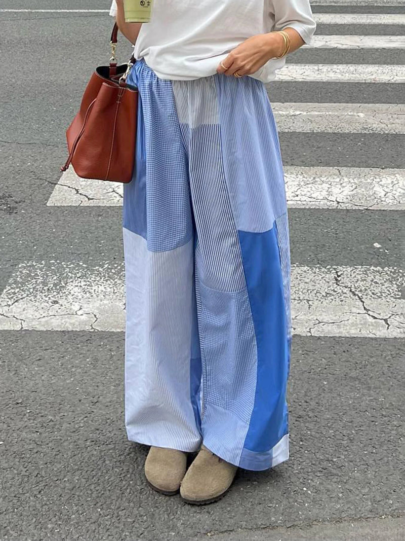 Grunge Aesthic Color Block Blue Stripe Baggy Trousers for Elastic Waist Loose Woven Pants Lazy Homewear