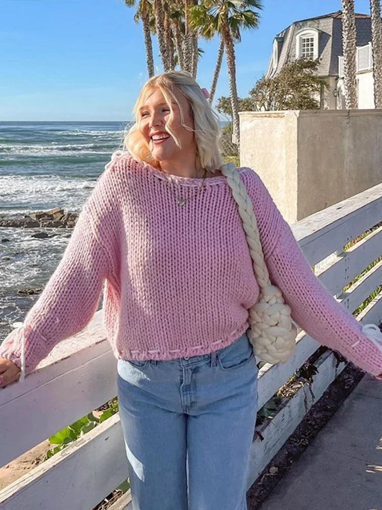 Loose Lace Up ’s Sweater Round Neck Long Sleeves Pullover Top Lady Autumn