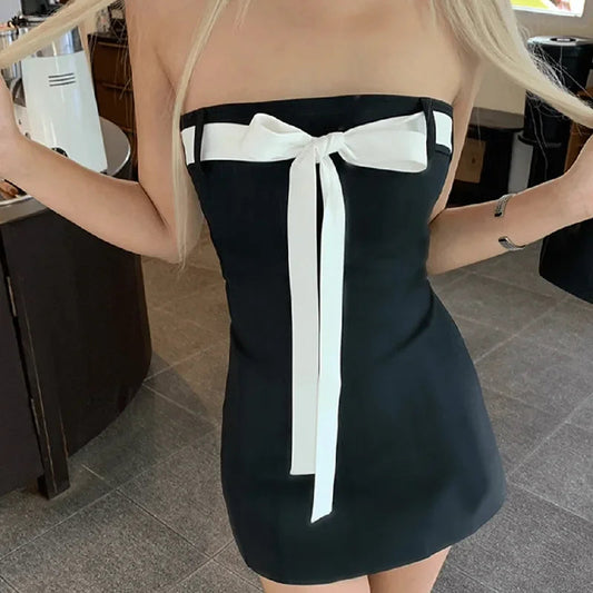 Bow Tie Tube Top Backless Mini Dresses for Y2k Black Dress Party Night Club Outfits
