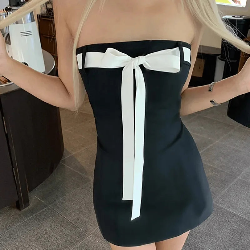 Bow Tie Tube Top Backless Mini Dresses for Y2k Black Dress Party Night Club Outfits