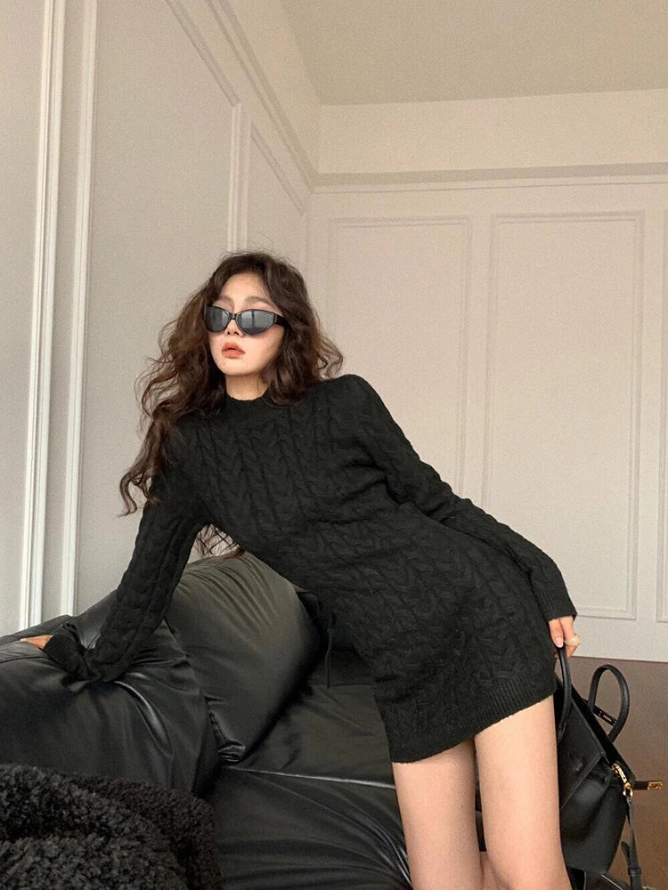Open Back Cable Knit Mini Dress Plain Slim Turtleneck Long Sleeve Bodycon Onepiece Autumn Winter Clothes