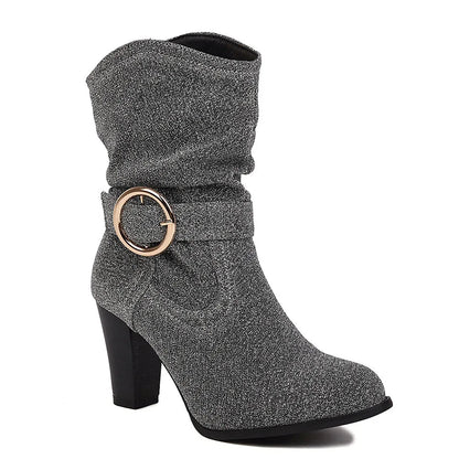 New Pointed Toe Square Root Female Midcalf Boots Shiny Buckle Autumn and Winter Party Shoes Woman