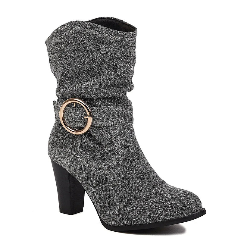 New Pointed Toe Square Root Female Midcalf Boots Shiny Buckle Autumn and Winter Party Shoes Woman