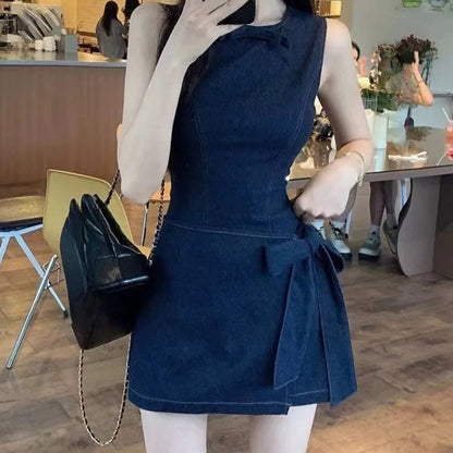 Blue Denim Dresses Sleeveless Bandage Bow Vestidos Para Mujer Korean Mini Dress