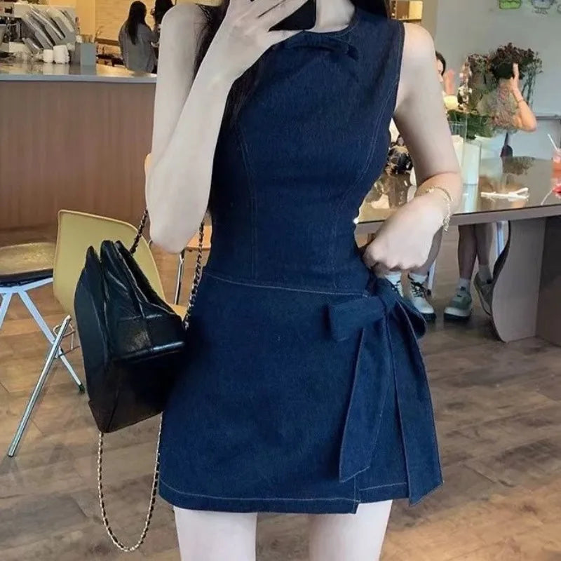 Blue Denim Dresses Sleeveless Bandage Bow Vestidos Para Mujer Korean Mini Dress