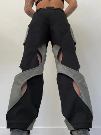 Harajuku Patchwork Hip Hop Cut Out Trousers Contrast Color Design Track Pants Retro Clothing