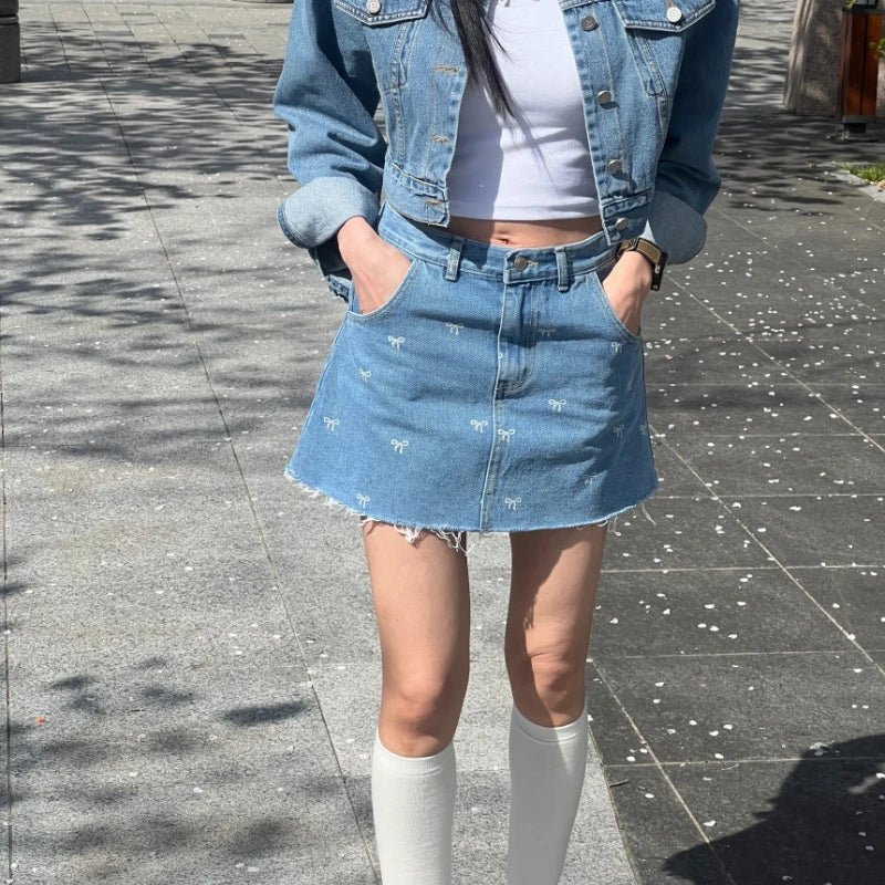 Korean Retro Bow Lace Patchwork Denim Aline Skirt Summer New High Waist Slim Frayed Mini Skirt