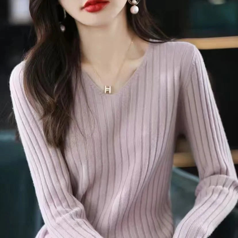 Sweater Long Sleeve Top Knitted Pullover V-neck Sweater Woman Winter Basic Female Clothing Soild Ol Sweater Df4933